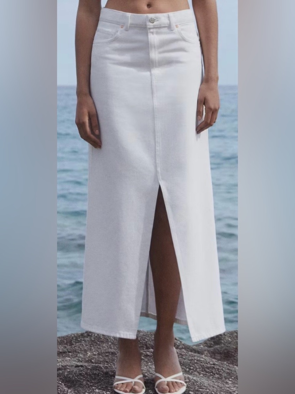 MANGO Soft White Denim Maxi Jean Skirt Front Slit -  Size S
